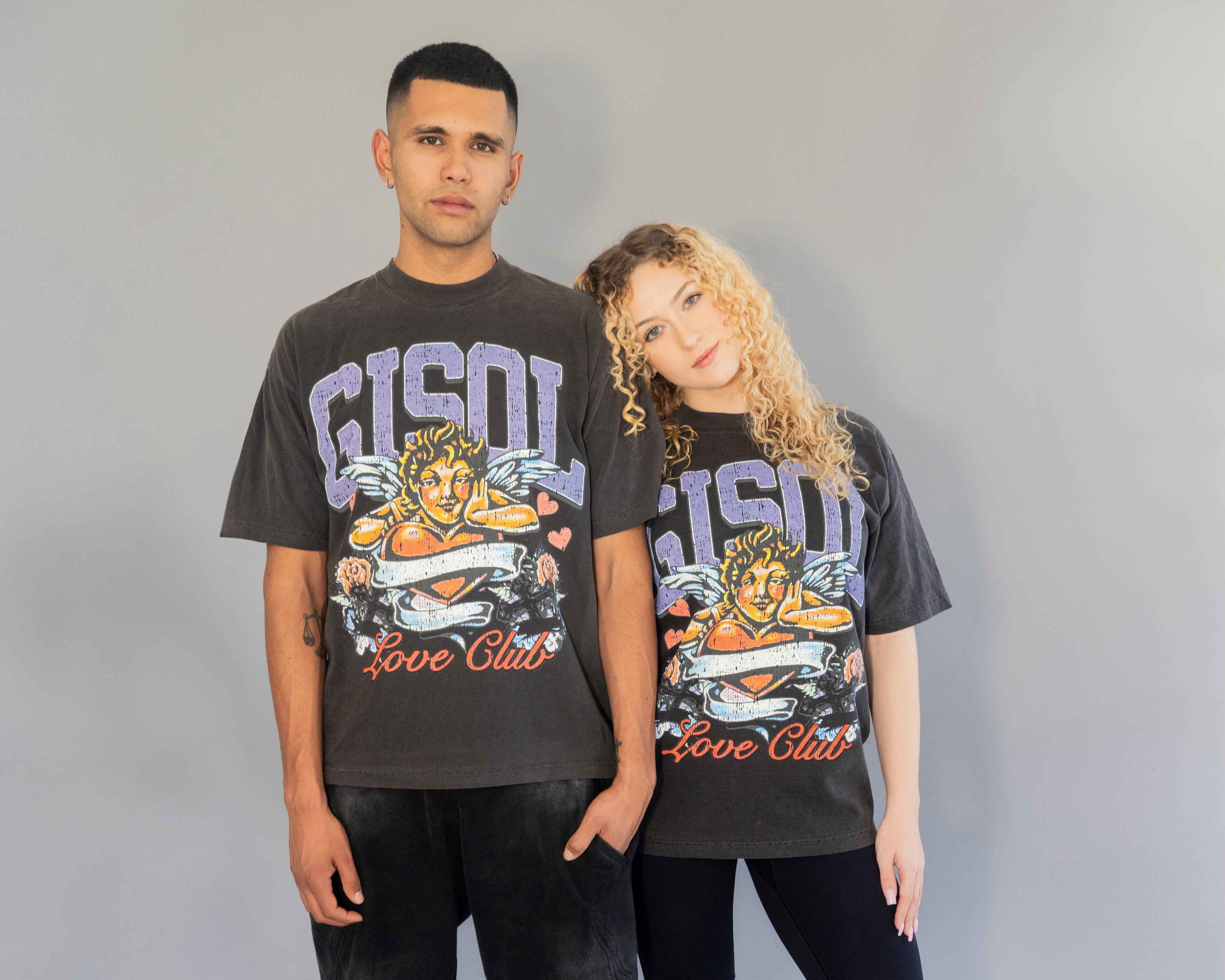 Two people wearing matching graphic LOVE CLUB t-shirts against a plain background